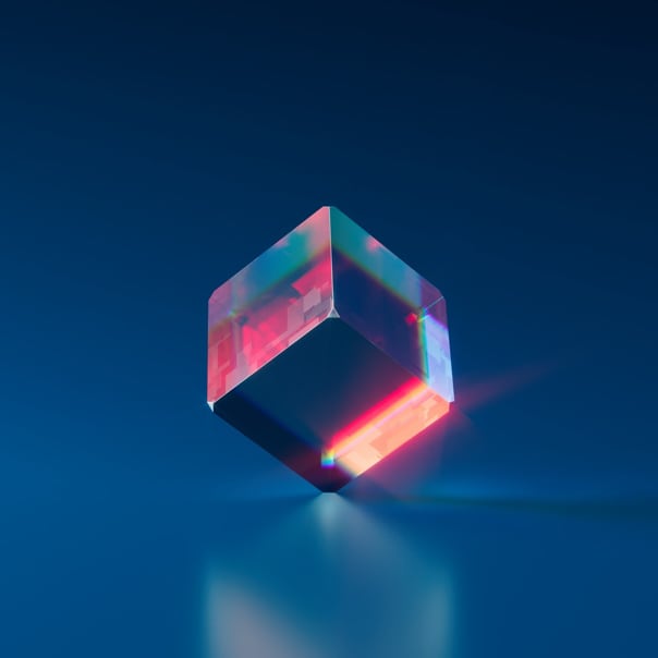 Equilibrium #3429 NFT, a 3D glass cube floating in a blue background.